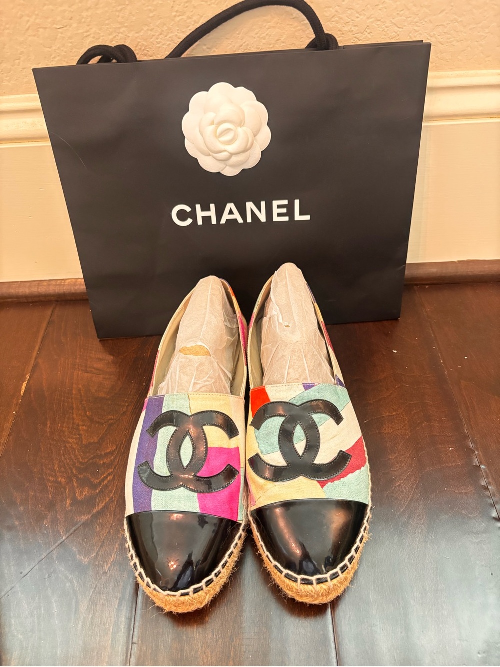 CHANEL Multicolor Canvas Espadrilles with Black Patent Cap